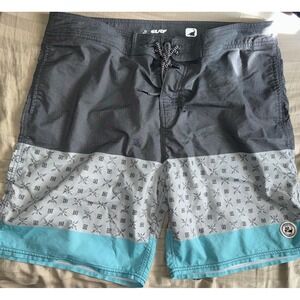 SurfCuz Men's Board Shorts Trunks Size 38 Gray Turquoise Patterned Nice
